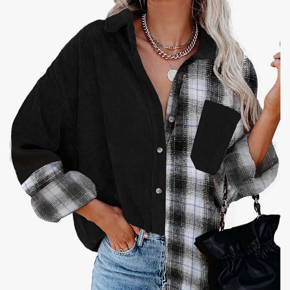 Women's Corduroy Button Down Long Sleeve Oversized Blouses Tops